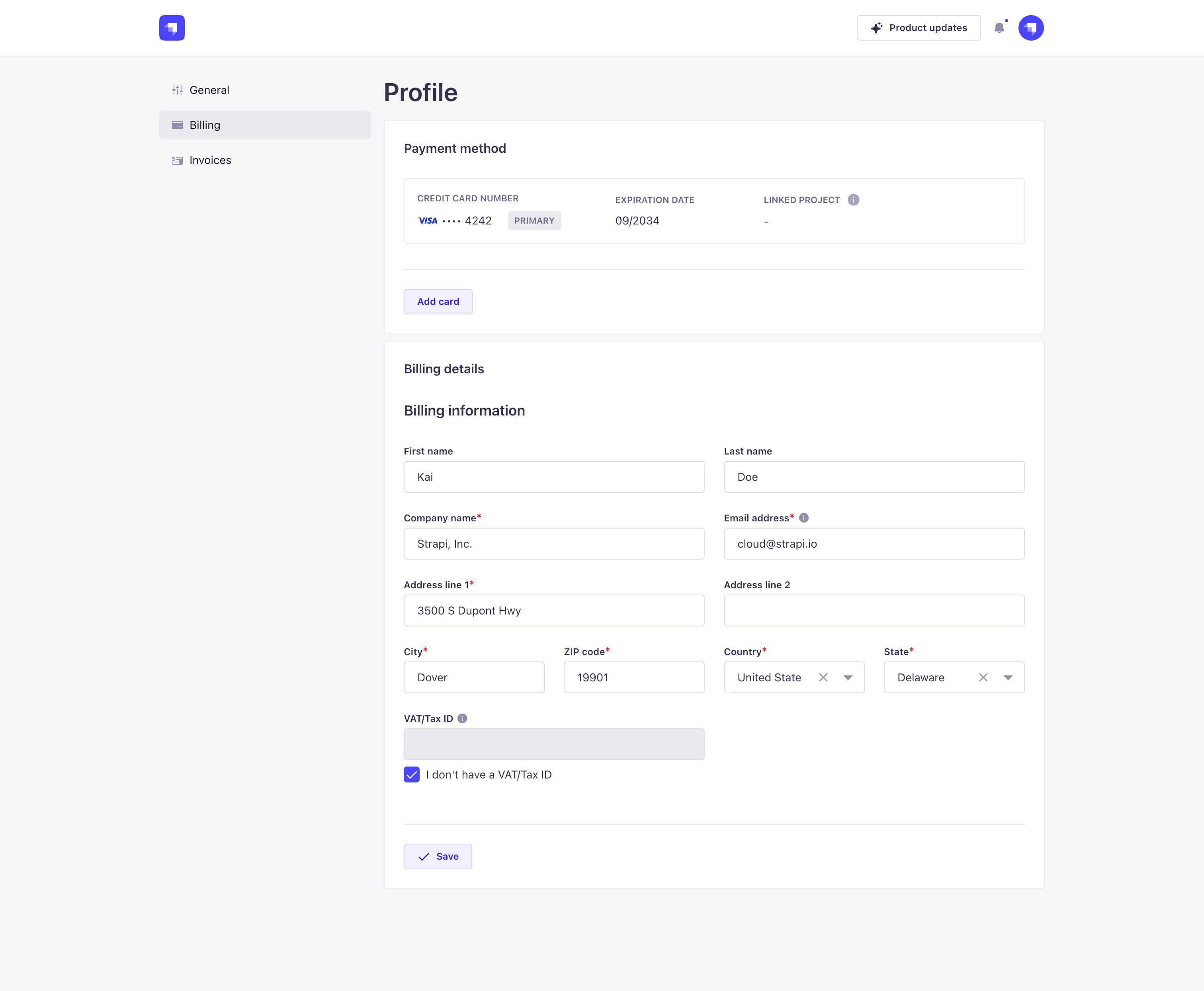 Billing tab of Profile page